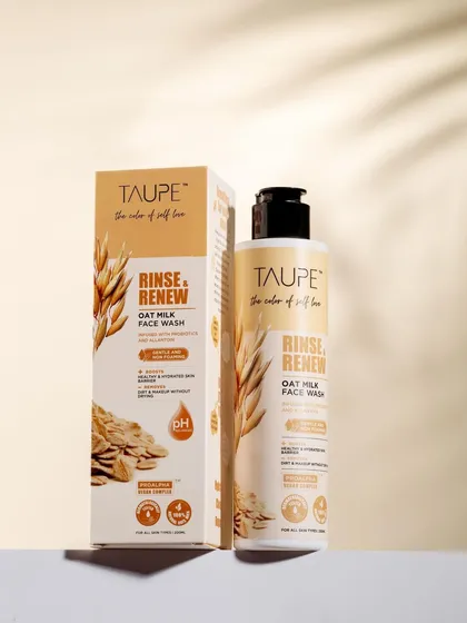 A catalogue-ready image of Taupe's 'Rinse & Renew' face wash. The clean, neutral background and crisp focus on the product and its packaging provide customers with all the visual information they need to make a purchase decision.