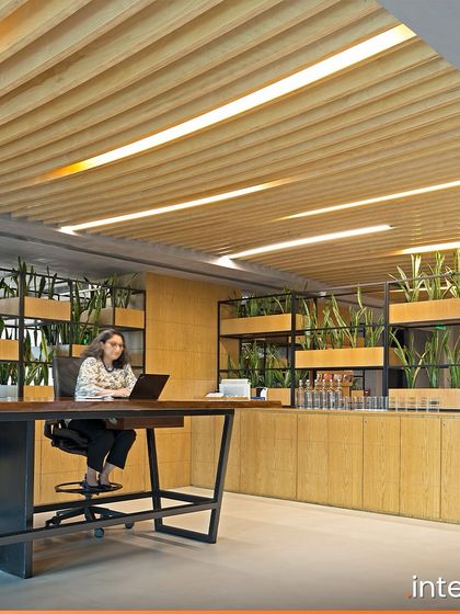 The Grant Thornton office in New Delhi features flexible, reconfigurable spaces. This high table serves as a collaborative hub, surrounded by planters that improve air quality and add a natural, calming element to the work environment.