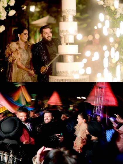 A collage showing two key moments of a Sangeet party: the formal cake cutting and the wild, celebratory dancing that follows.