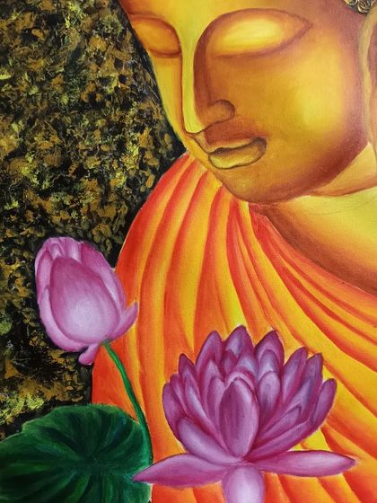 An oil painting of Buddha by my 15-year-old student, Abhay. He has used warm colours and soft blending to create a feeling of peace and serenity.