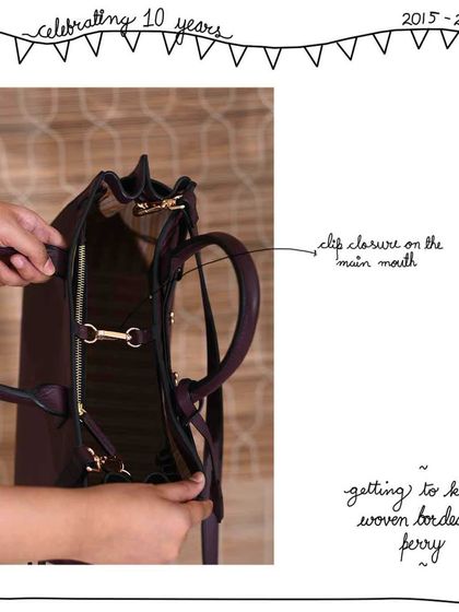 The Perry tote features a clip closure on the main mouth, which is both secure and easy to open.