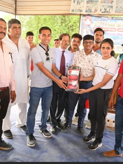 Recognition for hard work is important. Here, our champion Saniya Khan receives her award at the Prayagraj district boxing championship, a proud moment for her and the academy.