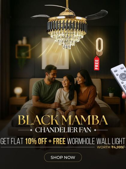 This image showcases the Black Mamba Chandelier Fan in a cozy family setting. It's a versatile piece that provides both ambient lighting and comfort, all controlled easily with a remote.