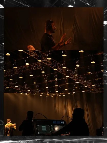 A collage showing the scale of the Parcan lighting setup for the Mahindra commercial and our team at work.
