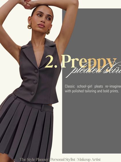 The preppy pleated skirt is being reimagined with polished tailoring and bold prints. It's a classic look with a fresh, modern feel.