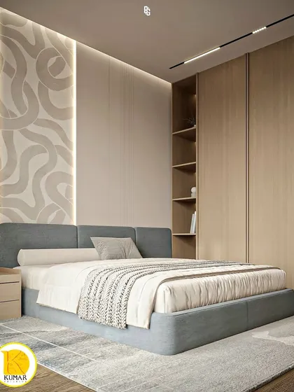 This angle shows the built-in wardrobe with open shelving, providing both storage and display space.