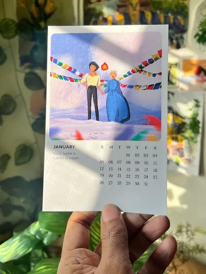 What if Howl and Sophie visited India? I imagined them in the serene, snowy landscapes of Ladakh for the January page of my 'Studio Ghibli: The Indian Chronicles' calendar. This project is a dream of mine, blending the magic of Ghibli with the beauty of my country.