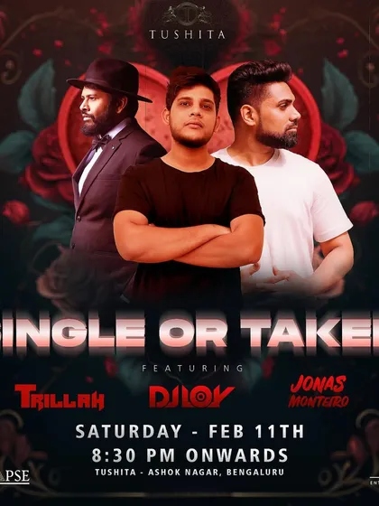 The poster for a "Single or Taken" Valentine's themed party.