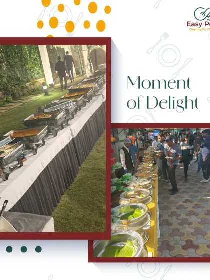 A collage showing moments of delight from our events. From guests lining up at the buffet to the beautiful spread on a sunny day, we love capturing the joy that good food brings.