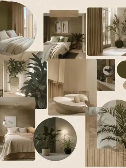 A mood board for a bedroom with an earthy, natural aesthetic. I use these collages to establish the desired feeling, combining textures, colors, and key furniture pieces to create a cohesive vision.