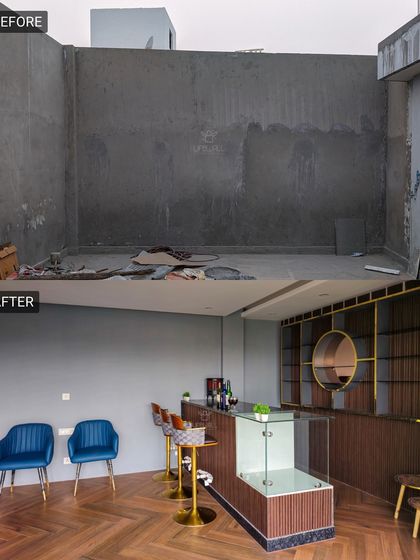 A series of before-and-after shots showcasing various transformations, including water features, modern structures, and interior bar setups.