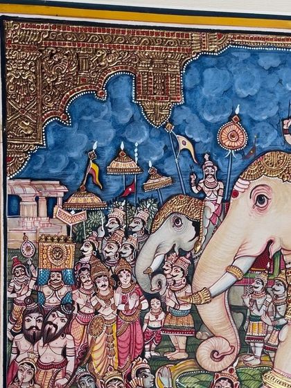 This angle of the Dasara painting highlights the crowd and the architectural elements of the Mysore Palace in the background.