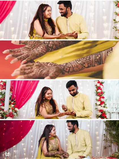 This collage shows the couple's interaction during the Mehandi ceremony, including a close up of the groom finding his name in the bride's henna.