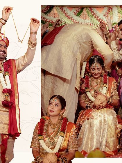 A collage showing the groom tying the thaali and other key moments, filled with emotion and surrounded by family.