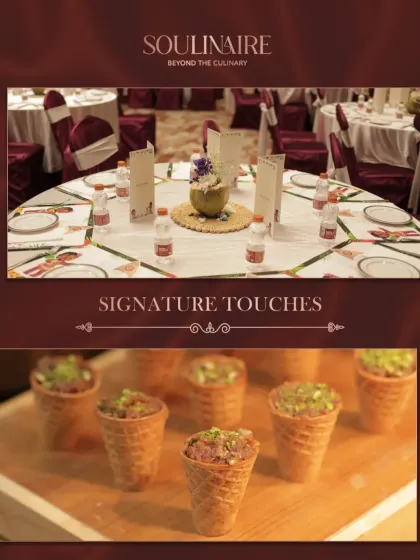 A collage showcasing our signature touches, from elegant table settings with coconut centerpieces to creative appetizers in waffle cones. We believe in culinary innovation and creating memorable experiences.