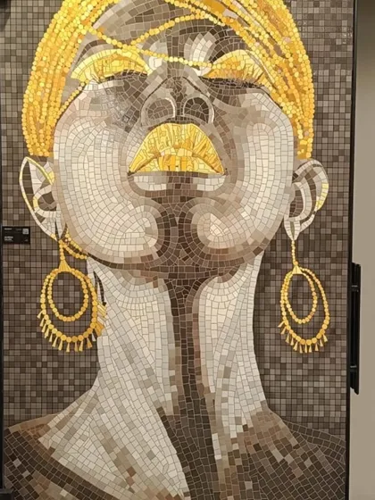 A modern mosaic mural with bold gold accents. This piece showcases our ability to create contemporary, high-fashion art for walls that demand attention.