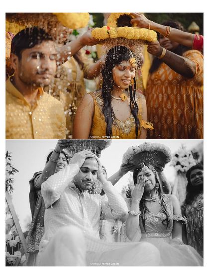 A collage showing the colorful and emotional moments of Medhus and Adi's Haldi. The mix of color and black and white adds artistic variety.