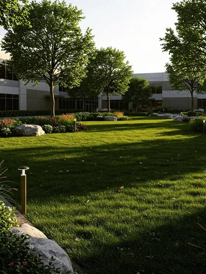 An open, park-like setting for a corporate campus, with large lawns, mature trees, and natural stone accents. The design feels expansive and connected to nature.
