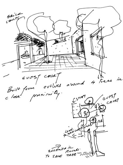This sketch for the House of Axes shows how the built form evolves around existing trees. The design of the guest court is a direct response to the site, demonstrating a commitment to integrating the house with its natural surroundings.