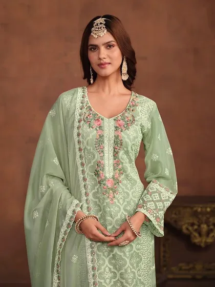 A lovely light green salwar kameez with delicate floral thread embroidery. The organza fabric gives it a soft, ethereal look.