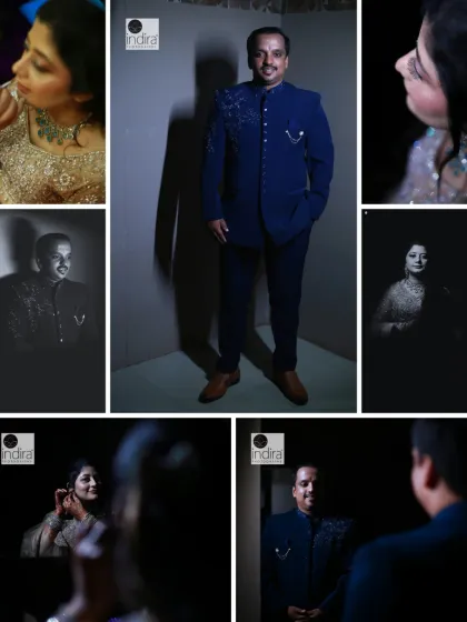 A collage of dramatic portraits from an engagement ceremony. I used shadows and focused lighting to create a moody, cinematic feel for both the bride and groom's individual shots and their moments together.