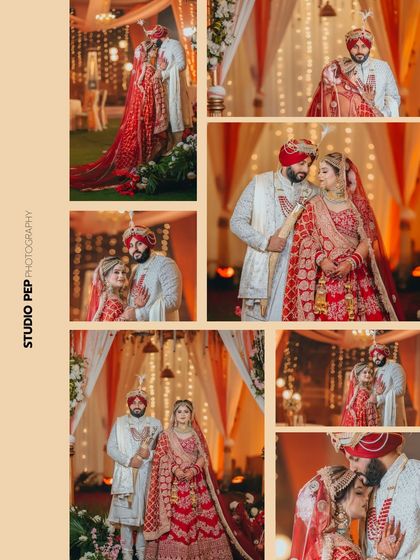 A comprehensive collage of Gurneet and Gurbani's wedding portraits, showcasing a variety of romantic poses and a full view of their stunning outfits.