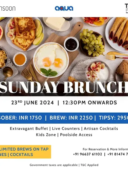 A poster for our Sunday Brunch, showcasing a lavish spread of breakfast and lunch items. We offer unlimited brews, wines, and cocktails to complement the meal.