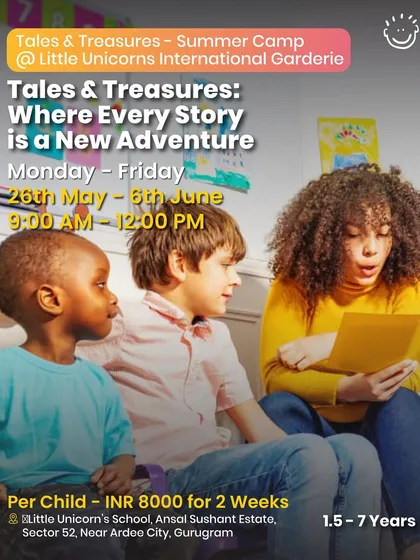 A poster for the "Tales & Treasures" summer camp, promising a journey through enchanted meadows and magical beanstalks.