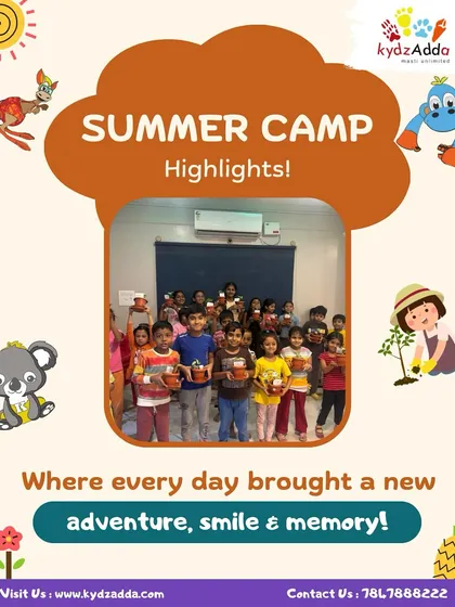 A graphic highlighting the adventures, smiles, and memories from our summer camp, featuring a group photo of kids with their plant saplings.
