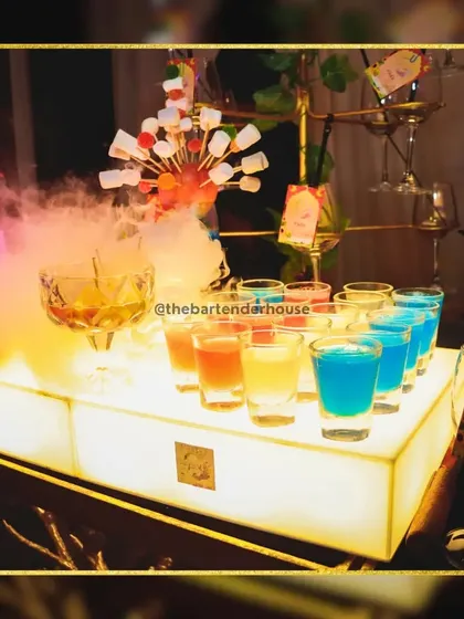 A trio of our most popular shots: tangy green, bold blue, and a classic brown spirit. The smoky effect from the dry ice adds to the theatrical presentation.