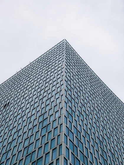 A sharp, angular view of a modern glass skyscraper, looking up from its corner. The image is a study in lines and repeating patterns, emphasizing the clean, cold geometry of contemporary architecture.