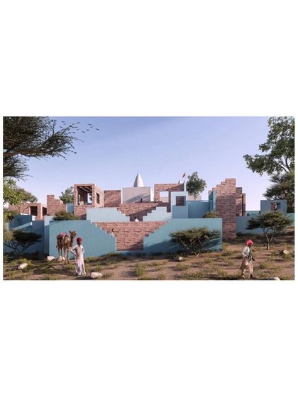 A rendering of the revitalized temple site, envisioned as a vibrant civic hub for 144 surrounding villages. The architecture respects the past while providing essential community and water-harvesting facilities.