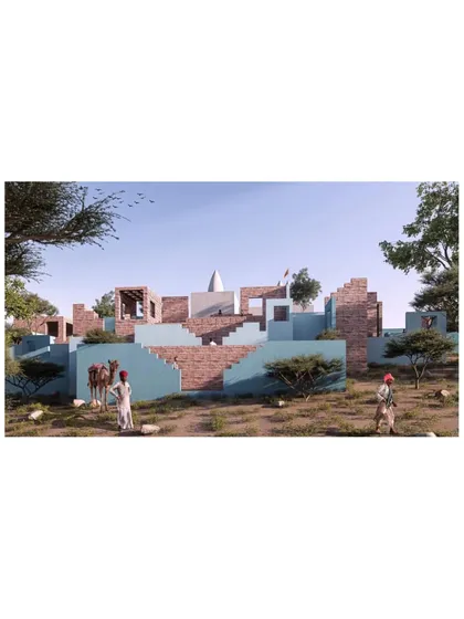 A rendering that imagines the completed project in use, with local people and camels inhabiting the new civic space.