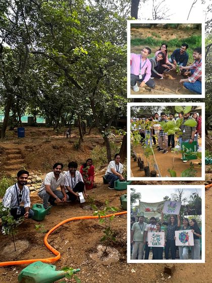 A collage showcasing the incredible energy of our planting drive with Genpact. Teams of employees are seen planting saplings and proudly holding signs that say "Save the Earth," embodying the spirit of collective action.