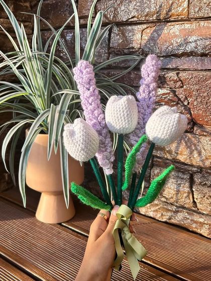 A still shot of our tulip and lavender bouquet, showing how it looks before being wrapped. The combination of flowers is so fresh and pretty.