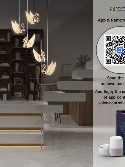 Many of our lights, including this swan chandelier, can be controlled via a mobile app or voice assistants like Google and Alexa. This graphic shows how easy it is to set up.