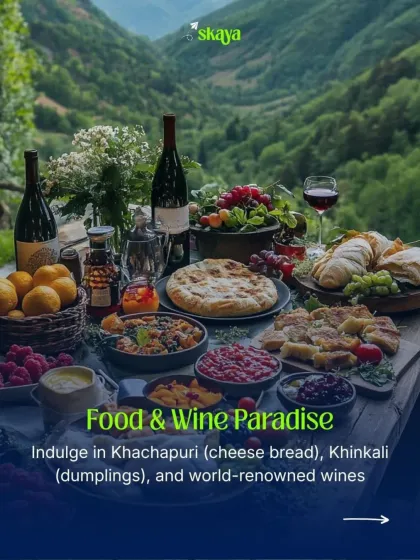 This is what a food paradise looks like. On our Georgia trips, we indulge in authentic Khachapuri, juicy Khinkali dumplings, and world-renowned local wines, all set against breathtaking green valleys.