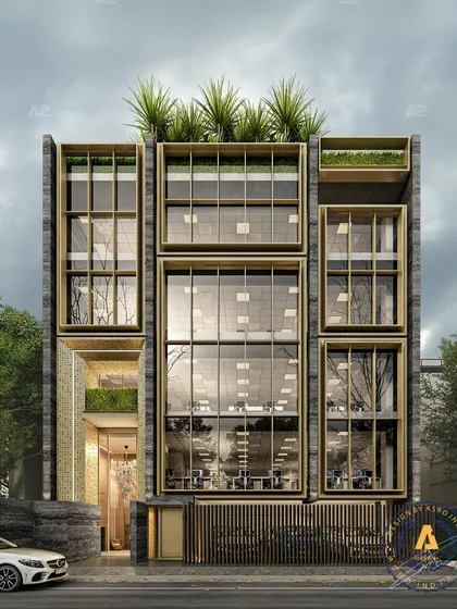 Facade Four of our Commercial Architecture Series, a dynamic commercial space in Sector 27, Gurgaon. Designed for stores and offices, the facade features vertical rectangular boxes combining glass, tiles, and mortar in an earthy grey tone.