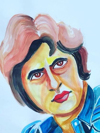 We also have fun with portraits of famous personalities. This is a watercolor portrait of Amitabh Bachchan, where the student experimented with colors and brush strokes to capture his iconic look.