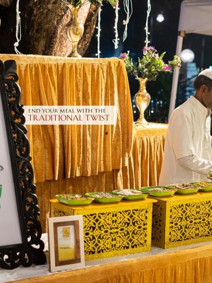 A closer look at our traditional "Chowpatty Pan Shop" counter. The setup is designed to evoke the nostalgia of a classic Indian pan shop, providing an authentic and memorable experience.