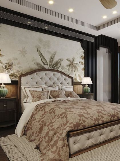 A bedroom with a tropical, colonial-inspired theme, featuring a tufted, high-back bed and a beautiful, hand-painted mural of palm leaves.