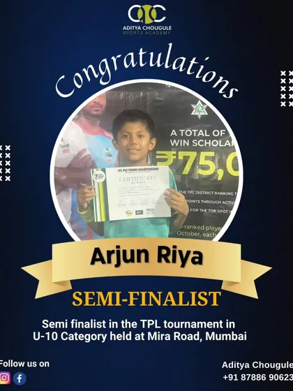 We congratulate Arjun Riya for reaching the semi-finals in the TPL tournament in the U-10 category. Our students consistently emerge as top contenders.