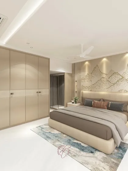 This render shows the full wall of custom wardrobes, demonstrating how we can create ample storage that looks clean, modern, and fully integrated.