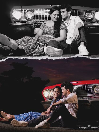 A romantic evening shot with a vintage red convertible. The dramatic lighting and classic car create a cinematic, storybook feel for your Goa pre-wedding album.
