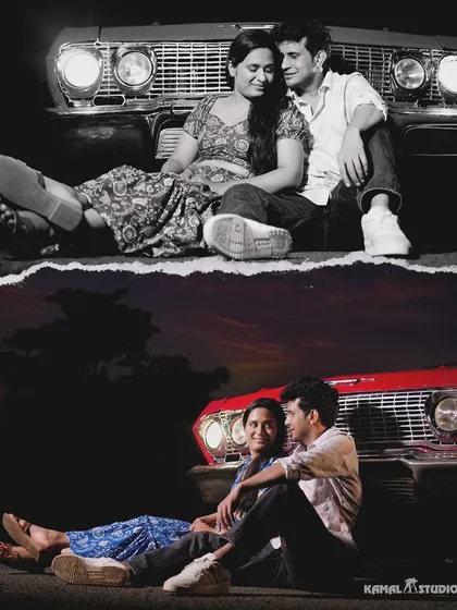 A romantic evening shot with a vintage red convertible. The dramatic lighting and classic car create a cinematic, storybook feel for your Goa pre-wedding album.