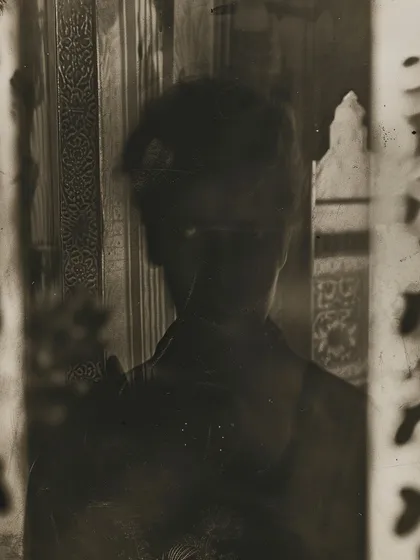 A ghostly, blurred figure in a mirror. This 'once upon a time' image uses photographic artifacts to create a haunting, spectral presence.
