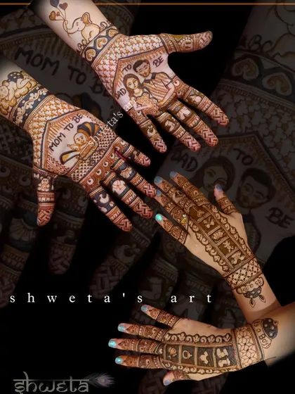 A collage of a sweet baby shower mehendi. The design includes portraits of the "Mom to be" and "Dad to be," along with cute baby elephants and other celebratory elements.