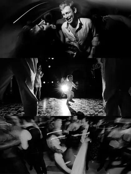 A collage of high-energy, motion-filled photos from the dance floor. We use creative techniques like slow shutter speeds to capture the wild and fun spirit of the party.