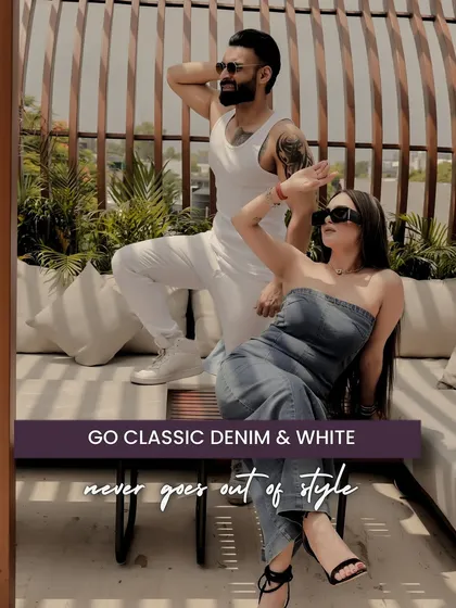 The classic denim and white combination never goes out of style. It's a versatile, cool, and comfortable look that works perfectly for modern, urban-themed pre-wedding shoots.