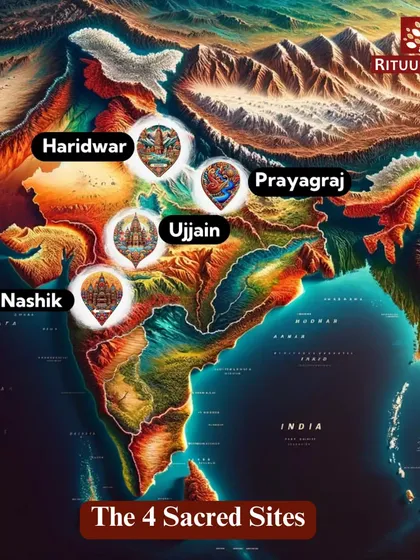 The Kumbh Mela takes place at four sacred sites in India where drops of the nectar of immortality were believed to have fallen: Prayagraj, Haridwar, Ujjain, and Nashik. This map illustrates these holy locations.